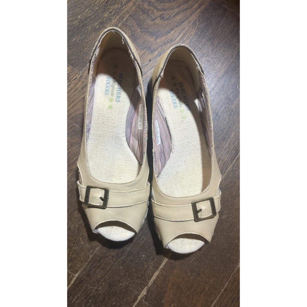 Skechers Bikers Women's Beige Peep-Toe Wedge Buckle Shoes Size 8